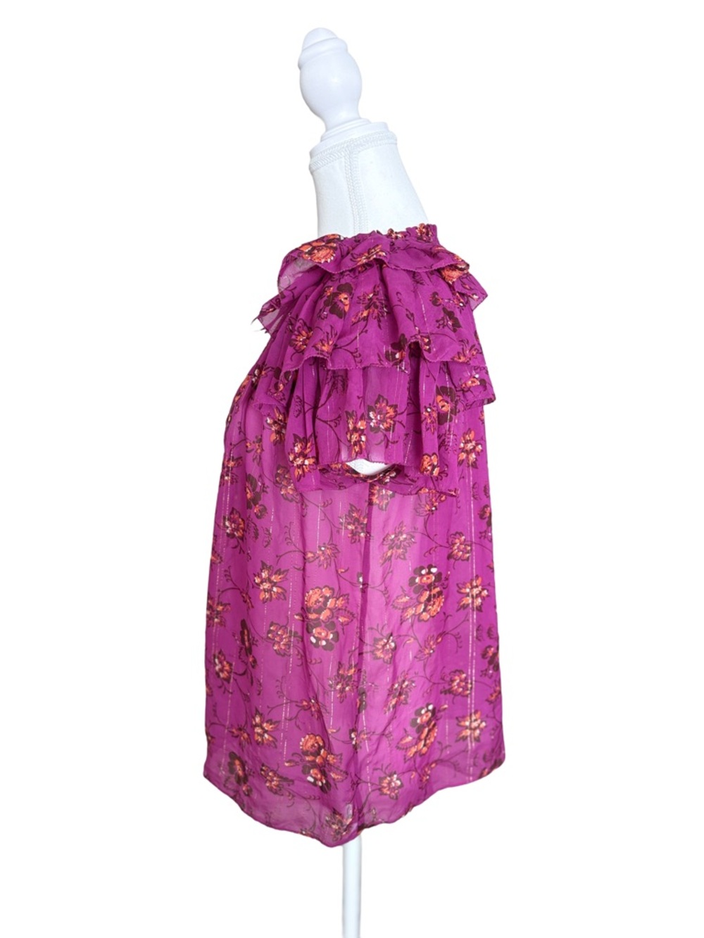 Ulla Johnson Silk Blend Fuchsia Floral Blouse Size 8 Boho Ruffle Sleeve Top - Picture 3 of 6